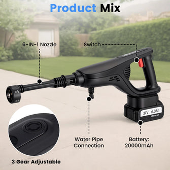 MUDIRO M-BW1 Cordless Pressure Washer with 4.0Ah Batteries,220Bar 1.32 GPM Brushless Motor Portable Pressure Washer with 6 in 1 Nozzles, Power Washer for Cars, Fences, Driveways, Home, Patios