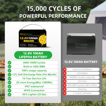 Foursun 12V 100Ah LiFePO4 Battery (1280Wh) with Low-Temp BMS Protection, 4500+ Cycles for Motorhome/Solar/Camping, Without Charger
